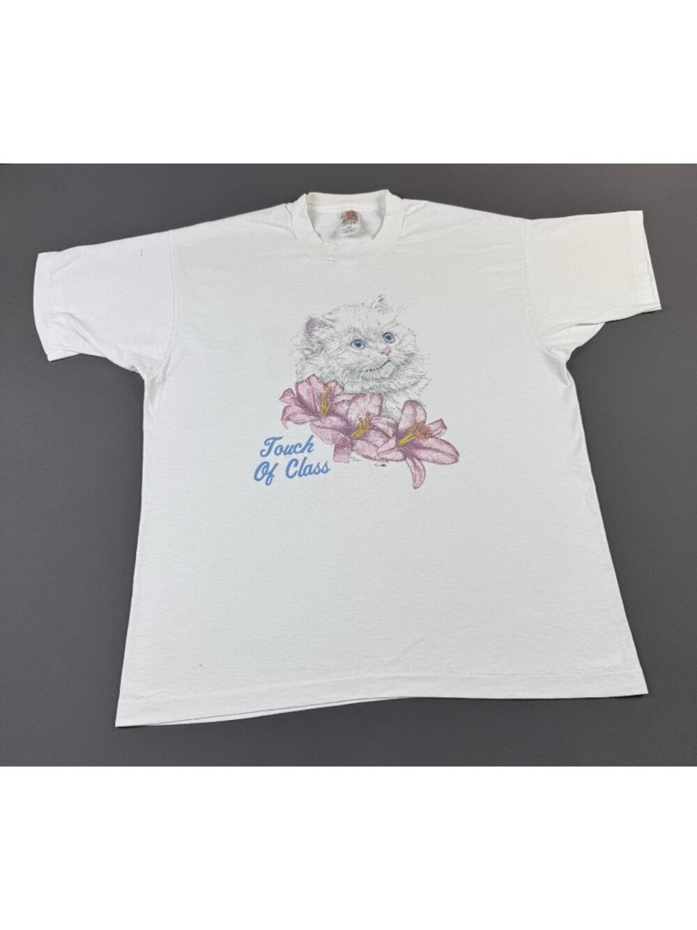 Rare Vintage 90s Touch Of Class Cat Kitten Cute Flower Paint Art White XL Shirt